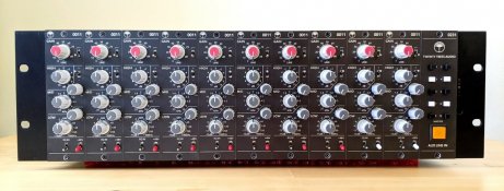 A black 500 series rack, 3U high, containing ten Helios type 69 style input modules. Each module is a discrete transistor mic preamp, with a passive equaliser. There is an additional module to the far right, with a bank of buttons. A black 500 series rack, 3U high, containing ten Helios type 69 style input modules. Each module is a discrete transistor mic preamp, with a passive equaliser. There is an additional module to the far right, with a bank of buttons.
